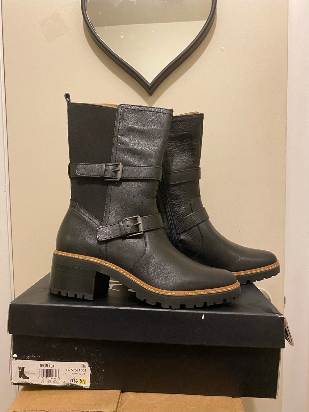 Naturalizer Tex Black Mid-Calf Buckle Leather Moto Boots - Women